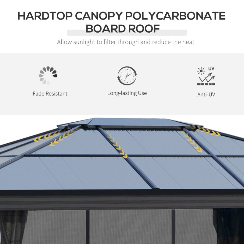 4 x 3.6m Hardtop Gazebo with UV Resistant Polycarbonate Roof & Aluminium Frame, Garden Pavilion with Mosquito Netting and Curtains