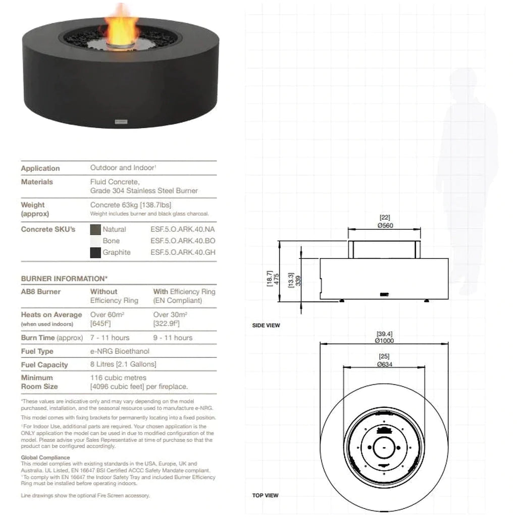 EcoSmart Fire Ark 40 Bioethanol Fire Pit Table