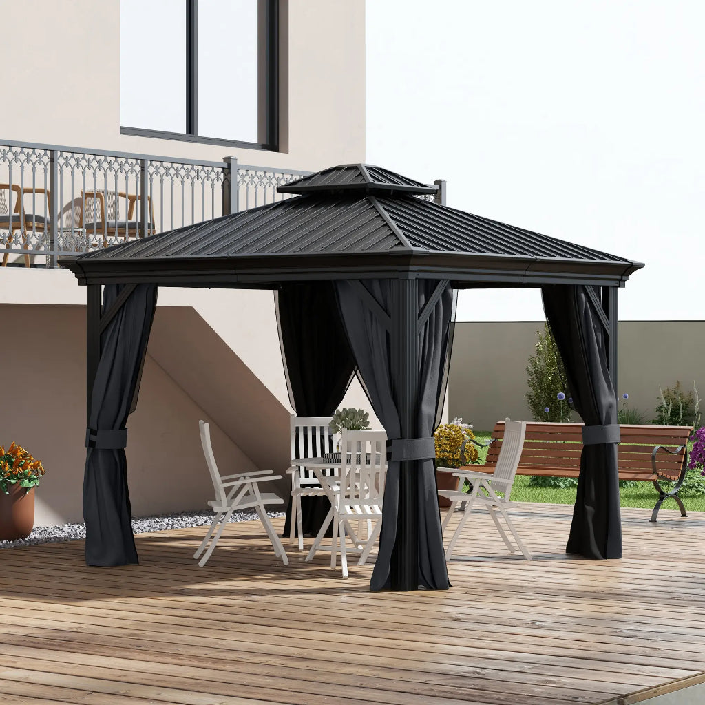 3.7 x 3(m) Outdoor Aluminum Hardtop Gazebo Canopy with 2-Tier Roof & Mesh Netting Sidewalls for Patio, Dark Grey-Twilight Gardens