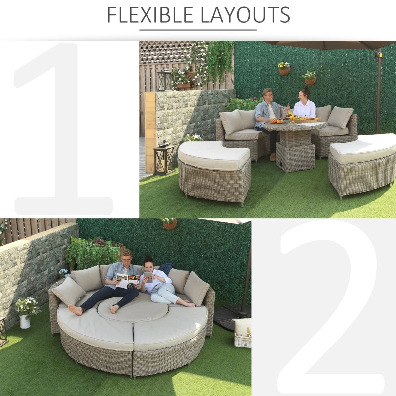 6-Seater Outdoor PE Rattan Patio Furniture Set Lounge Chair Round Daybed Liftable Coffee Table Conversation Set w/ Olefin Cushion, Grey