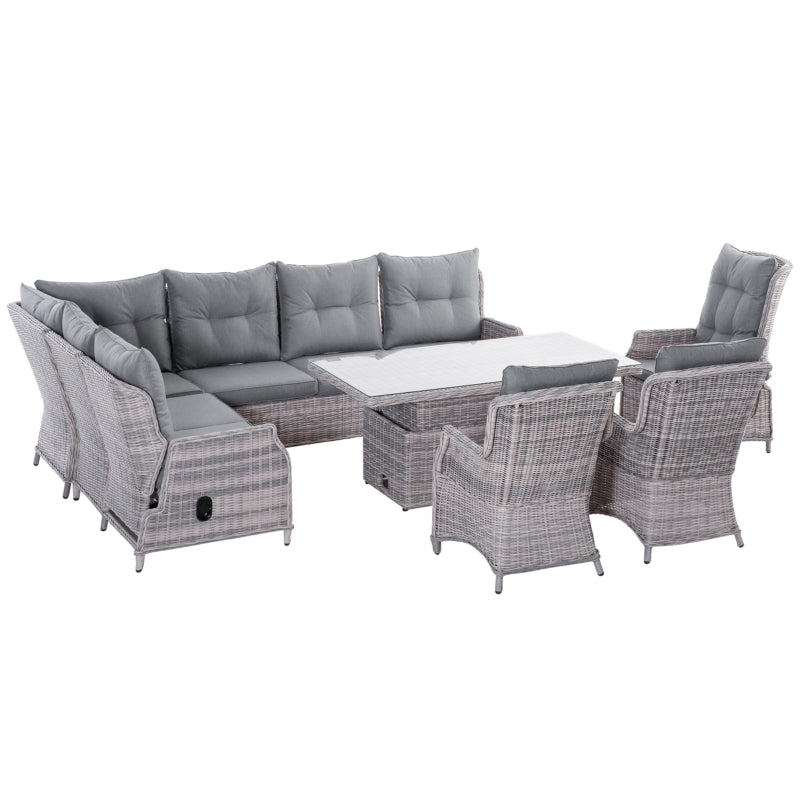 9-Seater Rattan Garden Furniture Dining Set, Tempered Glass Table-top Table and Recliner Chair, Mixed Grey