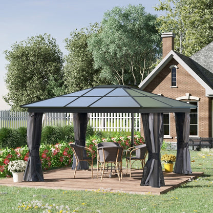 4 x 3.6m Hardtop Gazebo with UV Resistant Polycarbonate Roof & Aluminium Frame, Garden Pavilion with Mosquito Netting and Curtains