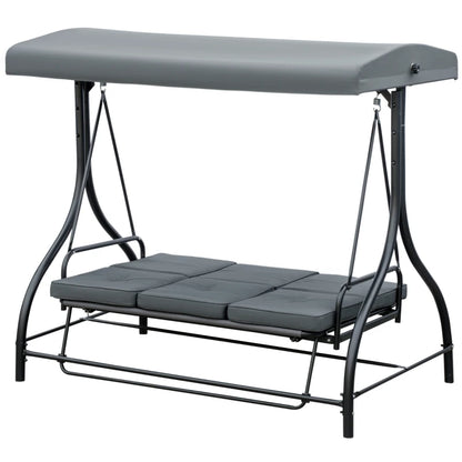 3 Seater Canopy Swing Chair, 2 in 1 Garden Swing Seat Bed, with Adjustable Canopy and Metal Frame, Dark Grey