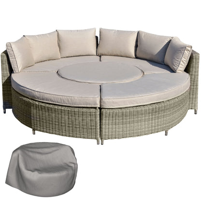 6-Seater Outdoor PE Rattan Patio Furniture Set Lounge Chair Round Daybed Liftable Coffee Table Conversation Set w/ Olefin Cushion, Grey