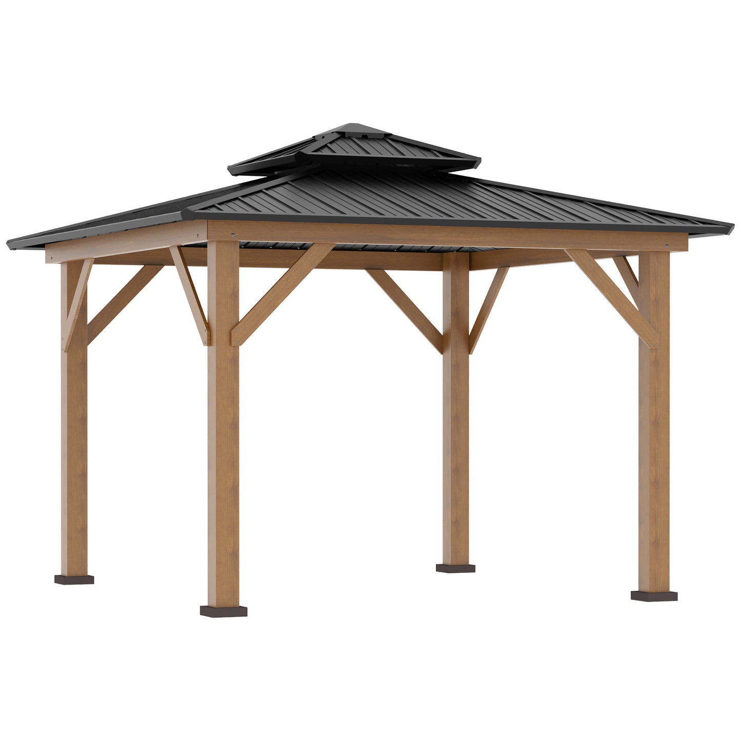 3.5 x 3.5m Outdoor Aluminium Hardtop Gazebo Canopy with 2-Tier Roof and Solid Wood Frame Outdoor Patio Shelter for Patio, Garden, Grey