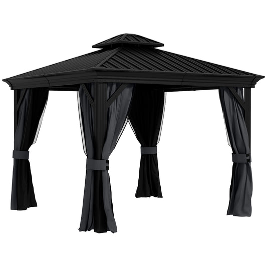 3.7 x 3(m) Outdoor Aluminum Hardtop Gazebo Canopy with 2-Tier Roof & Mesh Netting Sidewalls for Patio, Dark Grey-Twilight Gardens