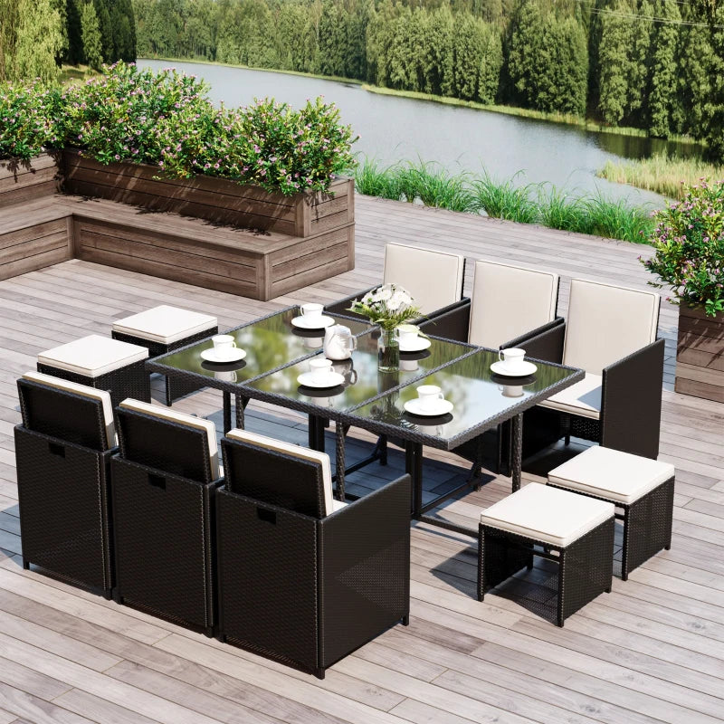 Rattan Dining Set Garden Furniture Patio set 11 PC with Cushion Black /Milk White-Twilight Gardens