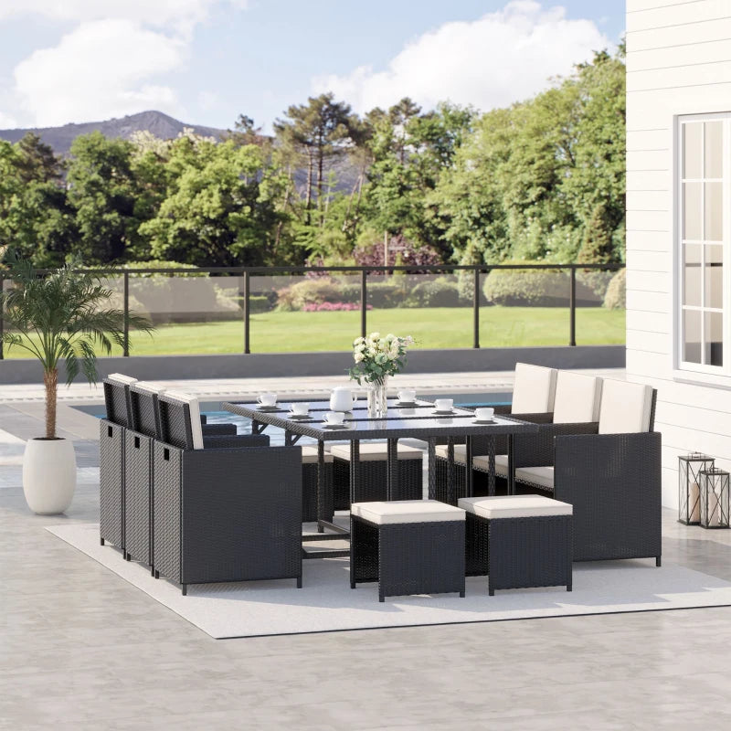 Rattan Dining Set Garden Furniture Patio set 11 PC with Cushion Black /Milk White-Twilight Gardens