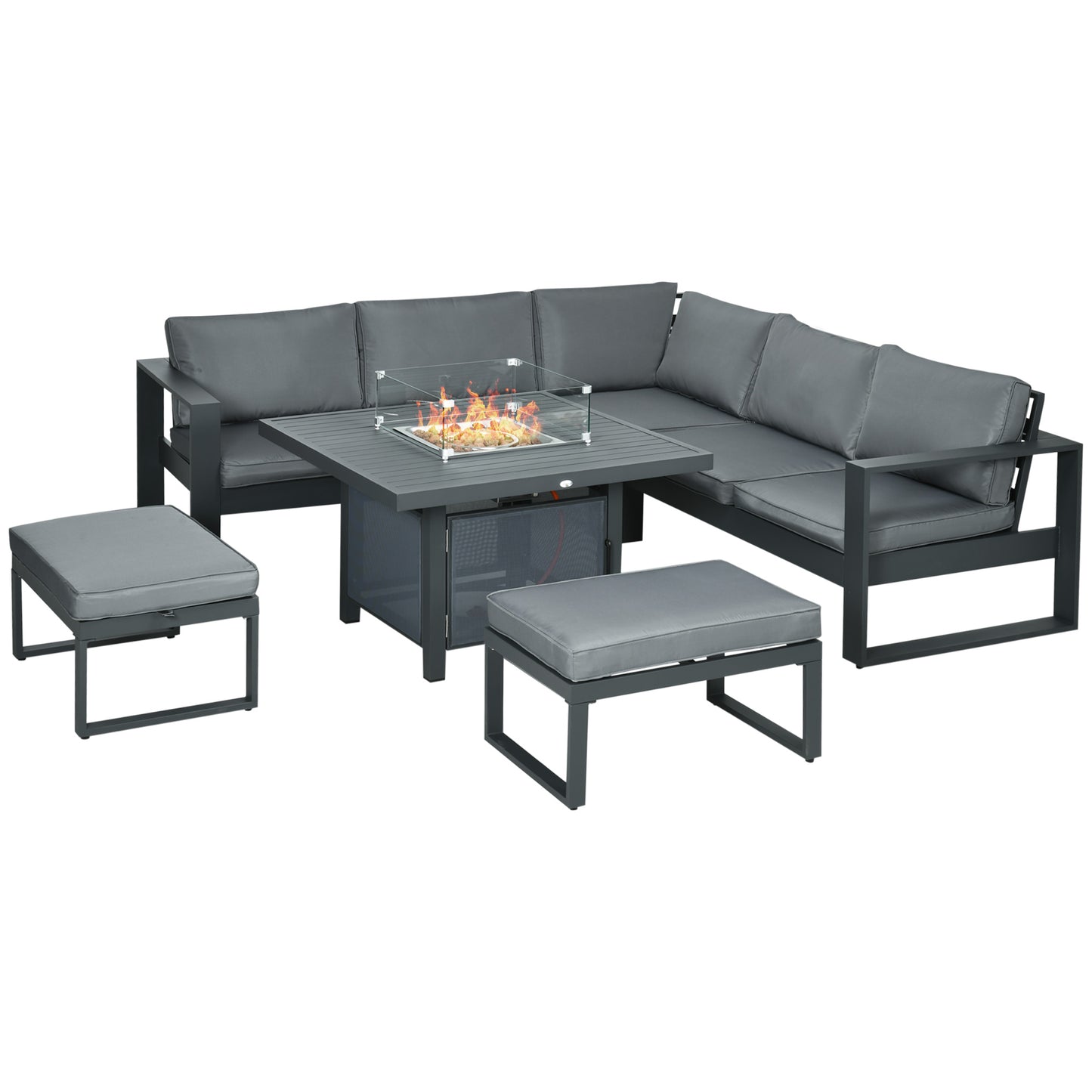 6-Piece Aluminium Garden Furniture Set, Outdoor Conversational Corner Sofa Loveseat Footstool Sectional with Gas Fire Pit Table for Yard Grey