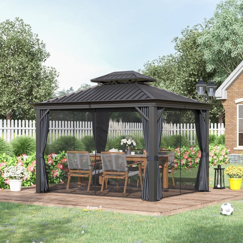 3.7 x 3(m) Outdoor Hardtop Gazebo Canopy Aluminum Frame with 2-Tier Roof & Mesh Netting Sidewalls for Patio, Grey