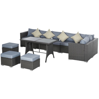 9-Seater Garden Rattan Furniture 10 Pcs Rattan Corner Dining Sofa Set, Grey/Dusty Blue Cushion-Twilight Gardens