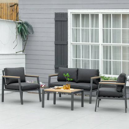 4 Piece Garden Sofa Set with Padded Cushions, 4-Seater Aluminium Outdoor Conversation Furniture Set with Coffee Table, Grey-Twilight Gardens